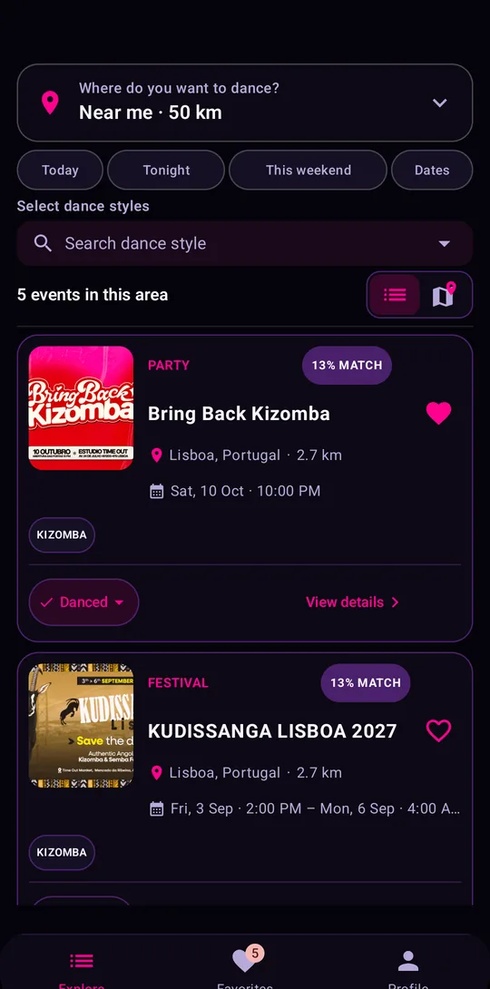 List of nearby events with distance, date and match