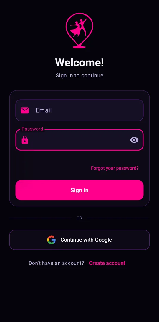 Sign-in screen with email and password or Continue with Google