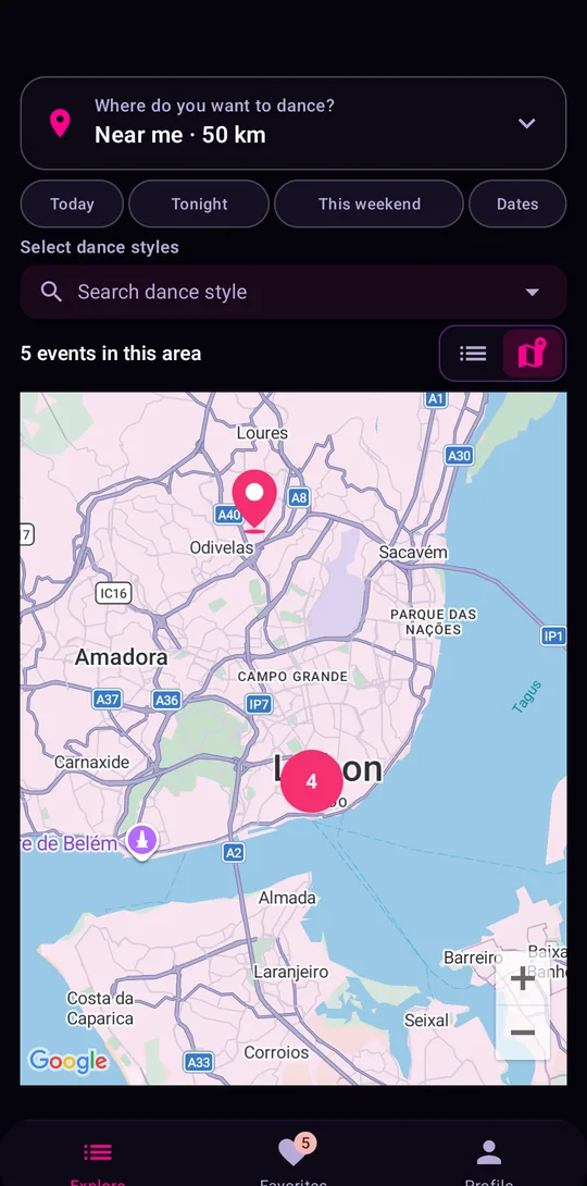 DanceFinder Explore screen: map of Lisbon with dance events within 50 km