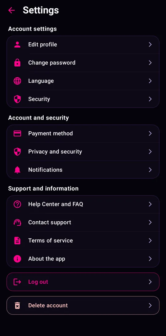 App Settings screen with the Delete account option at the bottom
