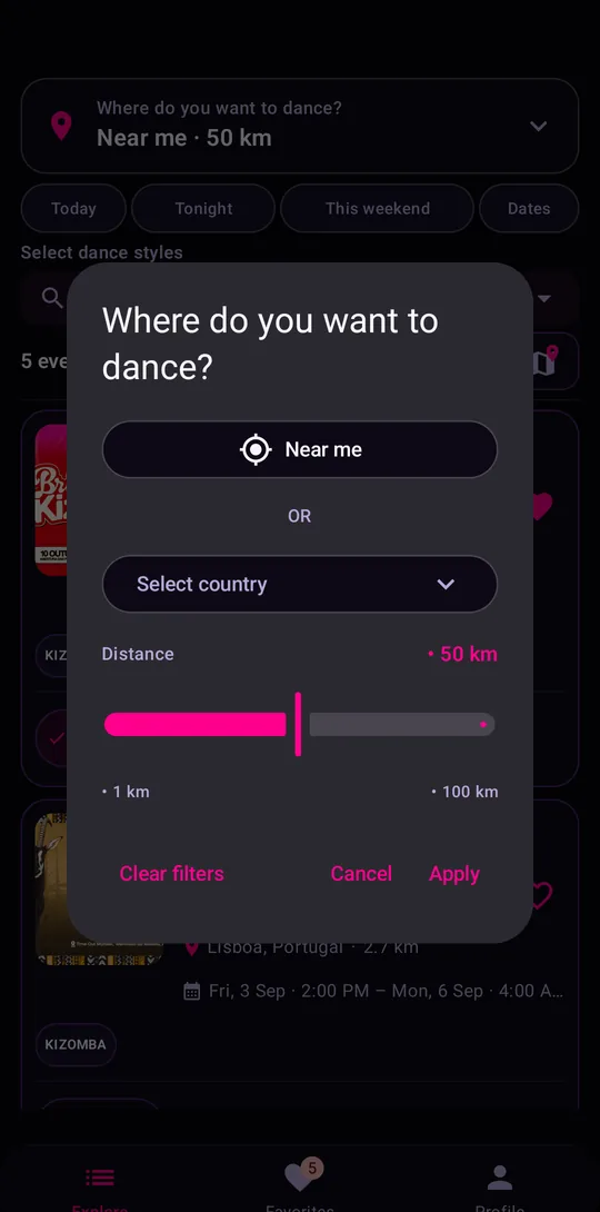 Choose where to dance: near me or by country, 1 to 100 km